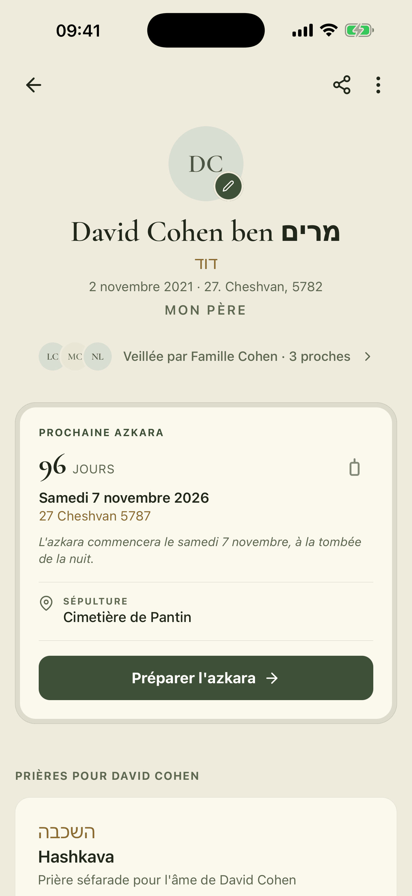 Un mémorial dans Zahor : nom, date hébraïque, compte à rebours et prières dédiées