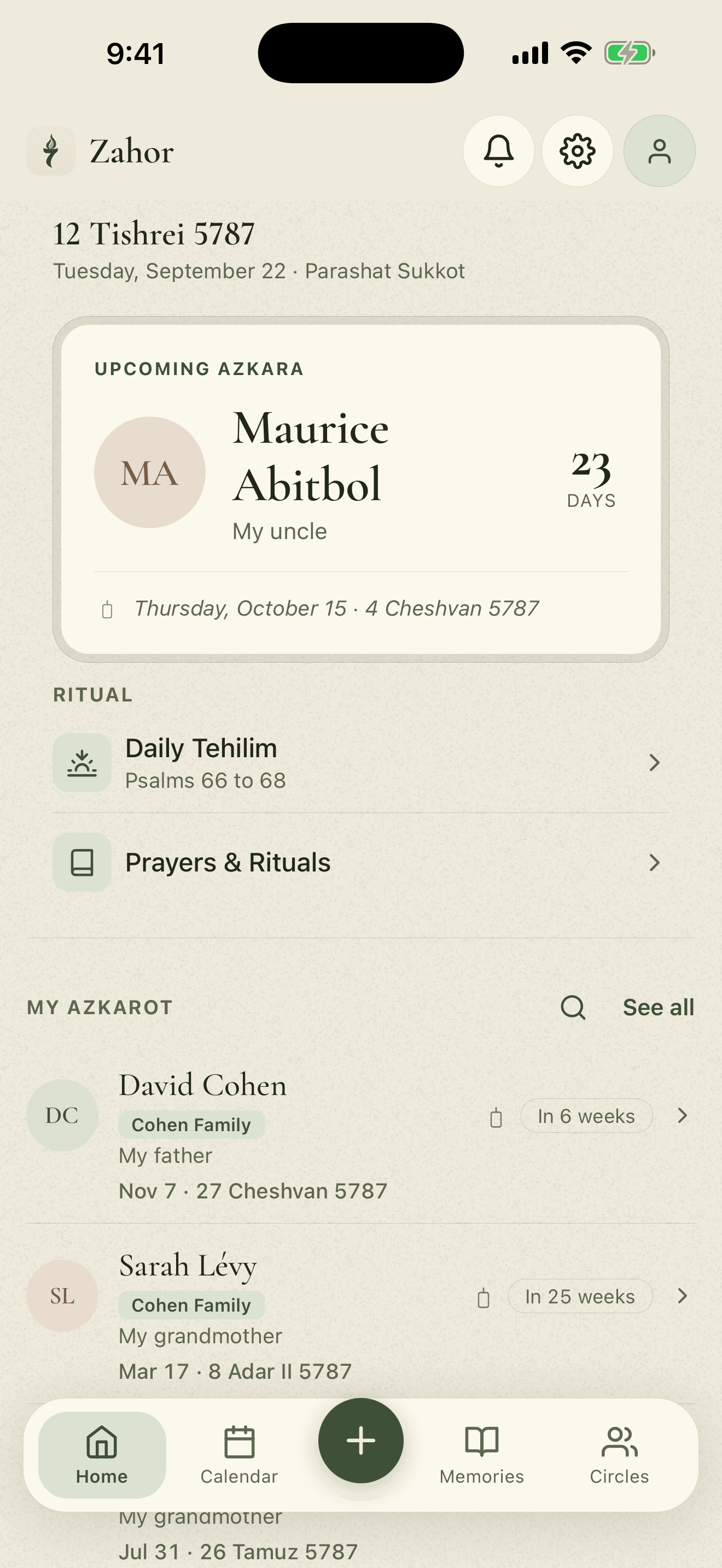 The Zahor home screen: the next azkara with its countdown, today’s ritual and the list of upcoming azkarot