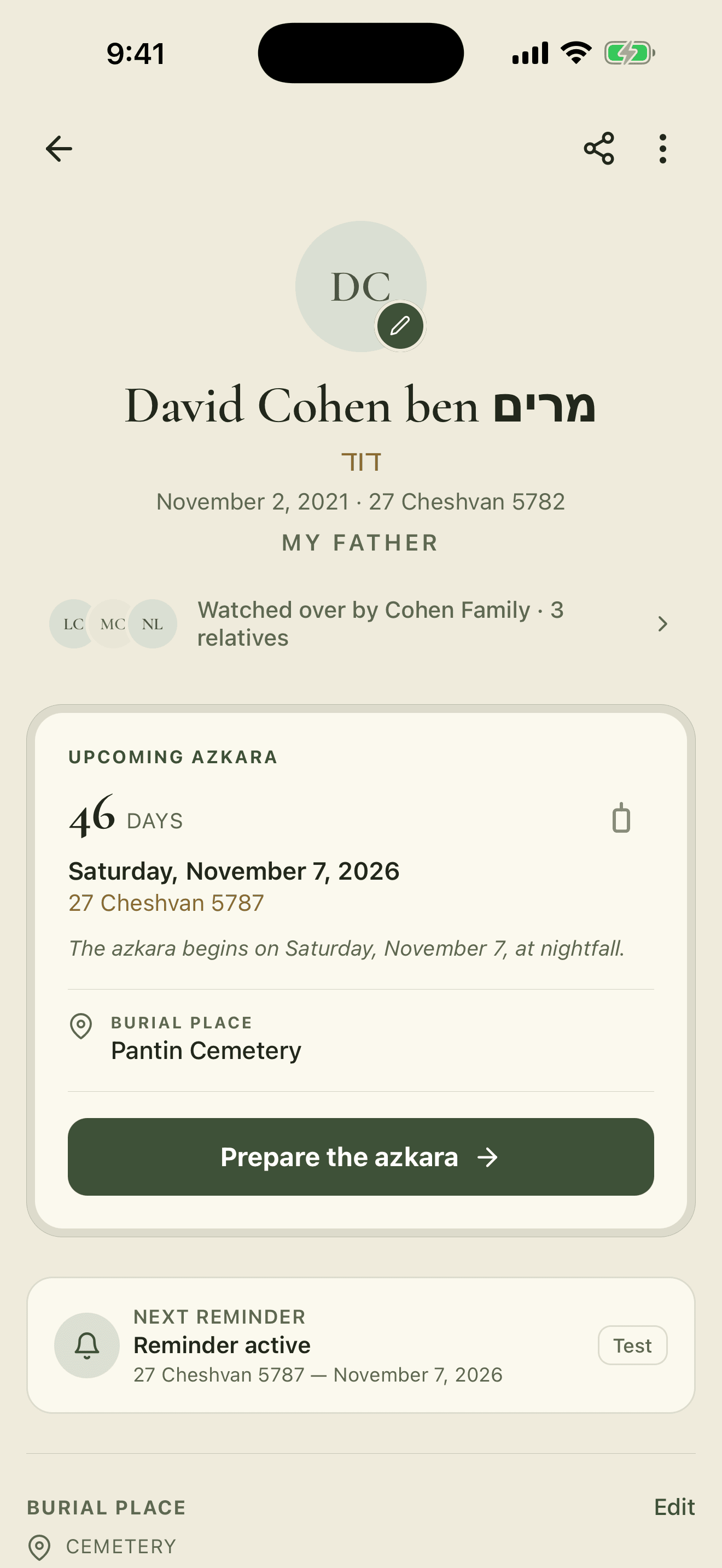 A memorial in Zahor: name, Hebrew date, countdown and dedicated prayers